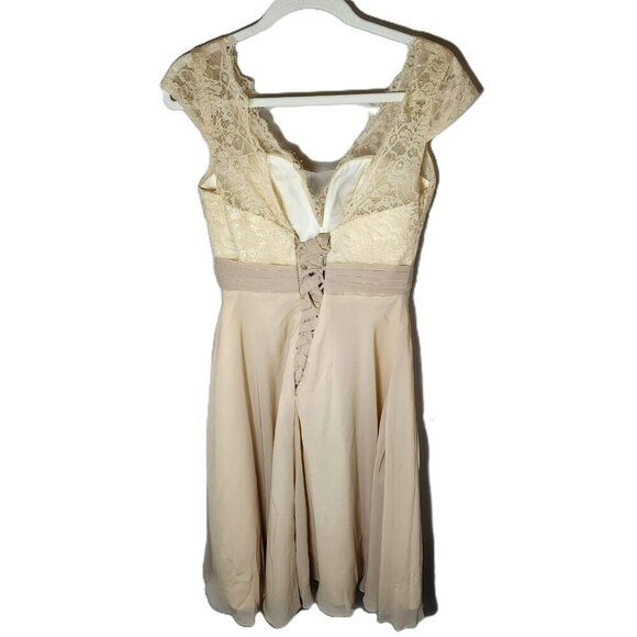 Warm Notices Champagne Lace & Chiffon Cocktail Dress Size 6 Elegant V-Neck - Picture 7 of 13